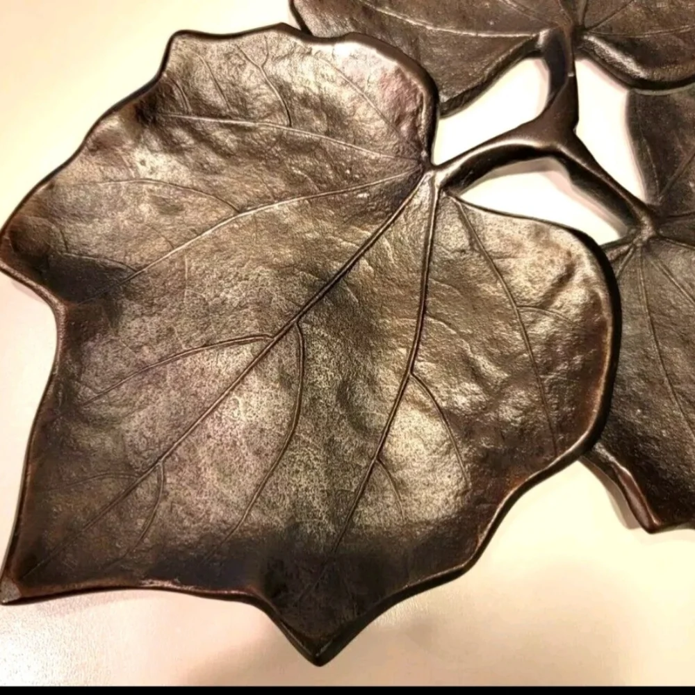Crate & Barrel Maple Leaf Design Copper Colored Metal Candle/Plate Pre-owned